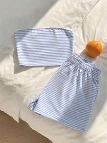 Conjunto de camiseta de tirantes con estampado de dibujos animados simple y casual para niñas preadolescentes, adecuado para el verano - Multicolor - Ver 3