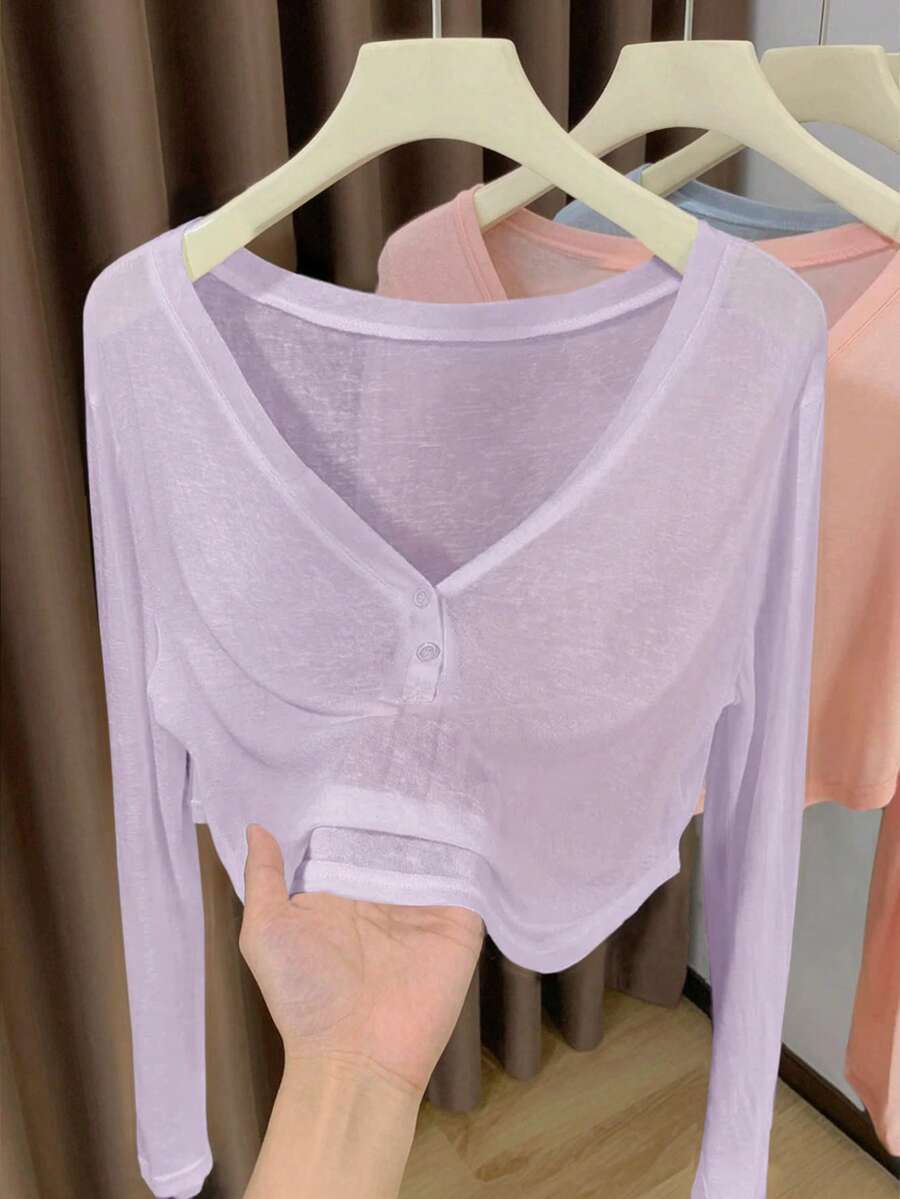 Resyla Soft Skin Ice-Feel V-Neck Half-Open Front Short Cover-Up - Mauve Purple - View 1
