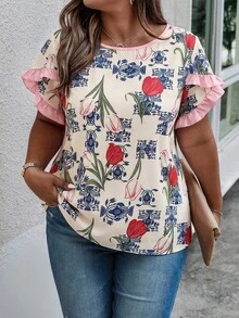 Weeklong Plus Size Women's Spring/Summer Ruffle Petal Sleeve Striped Print Casual Vacation Shirt - Multicolor - View 4