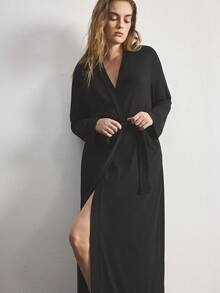 Ocili Leisure Comfortable Smooth Cotton Robe, Extra Long Chic Autumn Slumber Loungewear, Plus Size Sleepwear - Black - View 4