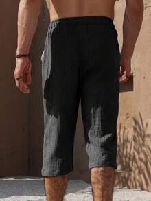 Genlund Men's Drawstring Waist Pockets Casual Solid Color Capri Cotton Pants Men Capri Short Drawstring Men Long Shorts Men Beach Pants Men Summer Pants Men Casual Shorts, Holiday Linen - Black - View 2