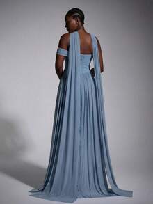 Elitara Plus Size Fashion Elegant Dusty Blue Strapless Pleated A-Line Dress With Detachable Long Shawl For Bridesmaid Party Evening Formal Wedding Winter - Baby Blue - View 2