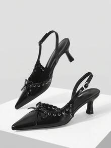 Mnmlis Delicate Bow Embellishment, Black Pointed High-Heeled Commuter Women's Shoes - Black - View 1
