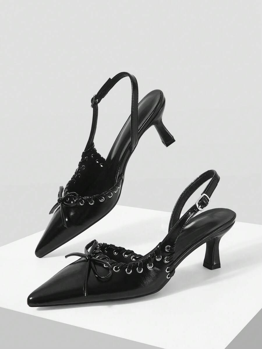 Mnmlis Delicate Bow Embellishment, Black Pointed High-Heeled Commuter Women's Shoes - Black - View 1