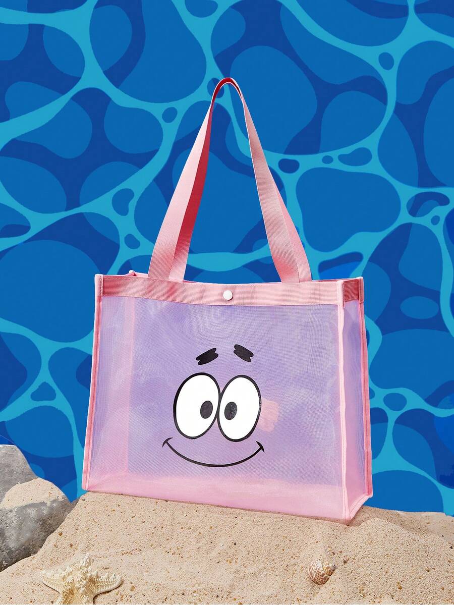SpongeBob SquarePants | SHEIN 粉色網格托特包,印花圖案,大容量,方便攜帶,適合度假、旅行、購物 - Sugar Pink - 查看 1