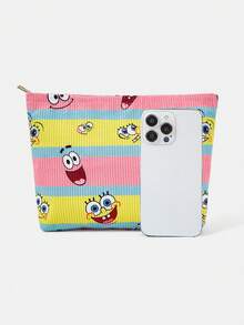 SpongeBob SquarePants | SHEIN 1個卡通印花燈芯絨拉鍊化妝包，輕巧多功能內襯化妝收納袋 - 條紋 - 查看 3