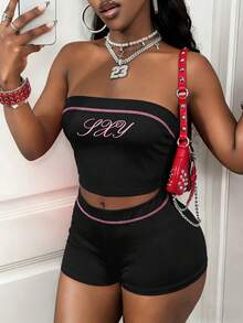 INAWLY Solva Fashion Casual Sexy Sporty Style Printed Pattern Color Block Bandeau Top High Waist Athletic Shorts 2pcs Set Gym Pink Summer Night - Black - View 3