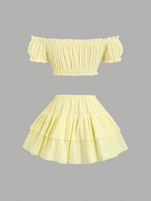 Sweetra Women's New Fashion Versatile Light Yellow Off-Shoulder Drawstring Lace Trim Elastic Waist Short Sleeve Cropped Top + Elastic Drawstring Multi-Layer Ruffle Mini Skirt, Design-Driven Sexy Hot Girl Style 2-Piece Set - Light Yellow - View 2