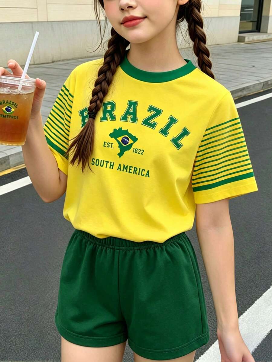 女童高級極簡巴西國旗袖綠色細條紋印花基本款短袖T恤,舒適休閒日常穿搭 - 彩色 - 查看 1