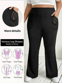 SHEIN CURVE+ 大码女式返校休闲家居服瑜伽舒适户外纯色针织弹力腰高腰喇叭裤，带蕾丝口袋的紧身裤 - 黑色 - 查看 12