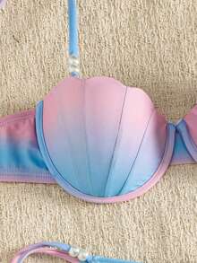 Swim Mod Summer Spring New Cross-Border Ins Style Sexy Triangle Tie Bikini Mermaid Shell Bikini Set For Women, Neon Pink And Blue Gradient Two Pieces Separates With Pearl Accessories, Ocean Holiday Bikini Set, Sweet Young Girl Hot Spring Beach Vacation Bikini Swimwear, Birthday Party Holiday Beach Bikini - Multicolor - View 5