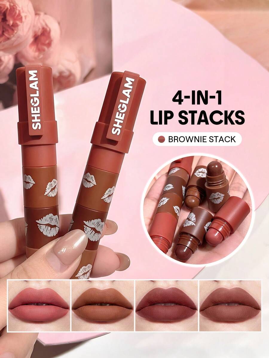 SHEGLAM Mega Lip Stacks-Brown-Brownie Stack 4 合 1 奶油啞光棕色唇膏套裝高色素不干燥便攜式旅行唇膏套裝唇彩 Rosa 唇膏 - Brownie Stack - 查看 1