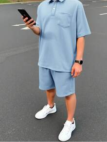 SHEIN 2件/套 青少年男童寬鬆版型素色翻領短袖 Polo 衫與短褲套裝，適合學校穿著 - 淺藍色 - 查看 5