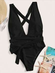 Swim SXY Plunge Backless One Piece Swimsuit - Black - View 5