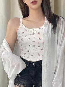 DAZY 女款碎花鈕扣設計休閒細肩帶背心圖案T恤夏季款 - 白色 - 查看 6