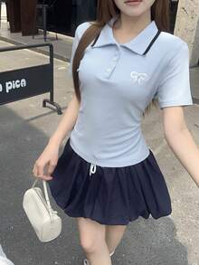 DAZY 蝴蝶結刺繡寬鬆短袖圓領女款T恤 - 藍色 - 查看 5