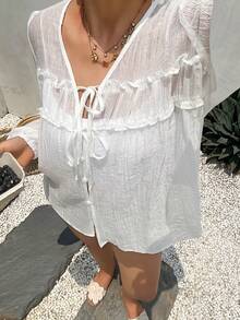 Dazy Plus Textured Fabric V-Neck Tie Front Cover Up Lantern Sleeve Long Sleeve White Semi-Sheer Spring/Summer Plus Size Women's White Shirt - White - View 5
