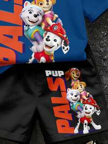 SHEIN | PAW Patrol 兒童小男孩休閒簡約T恤套裝，經典勇敢卡通圖案印花，Chase、Rubble、3D圖案印花，精緻徽章Logo圖案印花 - 彩色 - 查看 6