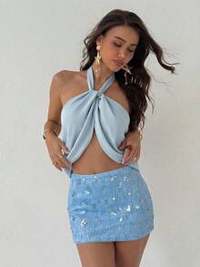 - Top sin espalda con cuello halter y minifalda con purpurina para mujer joven, ideal para festivales de música, color dorado claro - Celeste - Ver 6