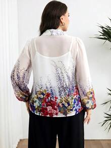Modelyn Plus Size Women's Floral Pattern Lantern Sleeve Single Breasted Elegant Blouse - White - View 2