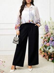 Modelyn Plus Size Women's Floral Pattern Lantern Sleeve Single Breasted Elegant Blouse - White - View 3