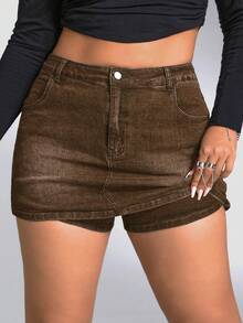 SHEIN ICON Plus Size Women's Pocket Button Casual Versatile Daily Travel Denim Skort - Brown - View 1