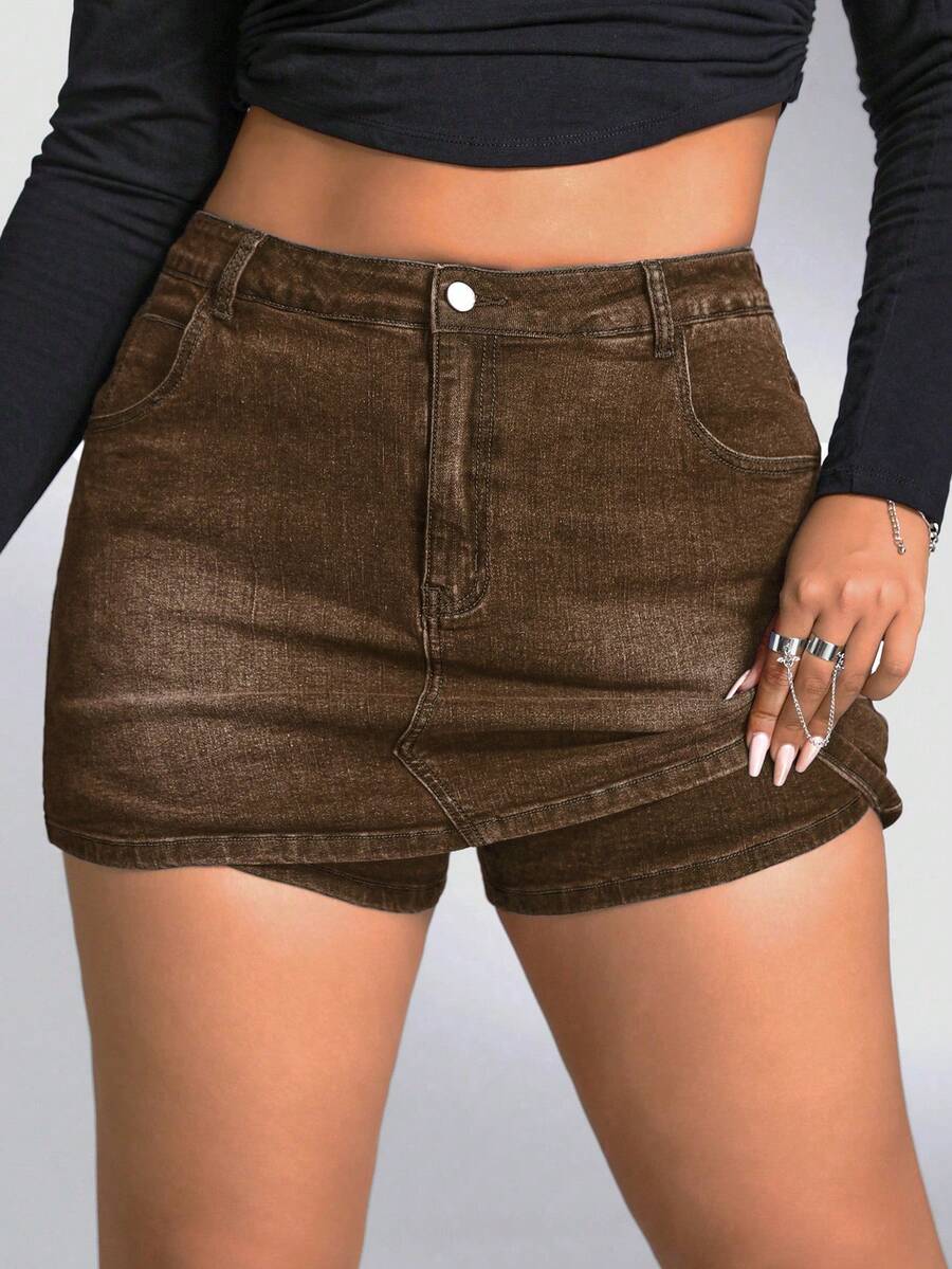 SHEIN ICON Plus Size Women's Pocket Button Casual Versatile Daily Travel Denim Skort - Brown - View 1