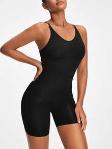 SHAPORA Women's Solid Color Bodycon Romper With Spaghetti Strap - Black - View 7