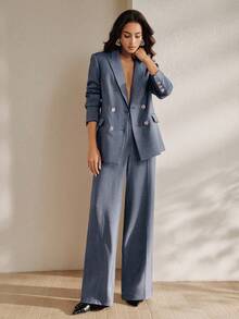 Anewsta Women's New Urban Chic Solid Color Professional Commute Versatile Lapel Long Sleeve Blazer+High Waist Drape Straight Leg Pants Suit Set - Blue - View 8
