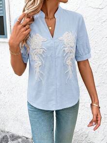 SHEIN Clasi Women's Vacation Casual Beaded Decor Shirt - Baby Blue - View 8