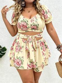 Vionelle Plus Size Women's Boho Casual Formal 2-Piece Set With Large Scoop Neck Tie-Up Cross Floral Print Crop Top Ruffle Mini Skirt Beach Pastel Pink Summer - Yellow - View 1