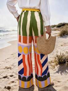 Vaclyn Women's Casual Boho Vacation Style Geometric Pattern Pocket Loose Long Pants Beach Olive Green Summer - Multicolor - View 3