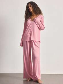 Ocili Minimalist Comfortable Collarless Soft Pajama Set For Women - Watermelon Pink - View 4
