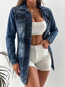 EURMUSE Camisa de mezclilla de manga larga con botones para mujer – Camisa de jean casual y ligera - Azul lavado oscuro - Ver 5
