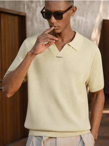 AKNOTIC Business Casual Men's Solid Color Polo Collar Short Sleeve Casual Versatile Knit Top - Light Yellow - View 5