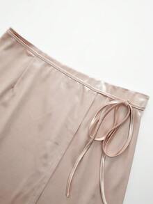 GlowEve CURVE Plus Size Women's Summer Fashion Elegant Commuter Front Panel Lace-Up Satin Skirt - Pink - View 7