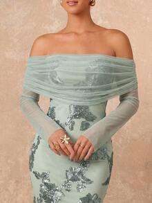 Lumalex Elegante vestido largo de malla floral verde salvia, vestido maxi con escote Bardot sin hombros y apliques 3D, vestido de invitada de boda de verano con un solo hombro para mujeres, de lujo - verde menta - Ver 10
