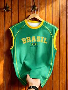 Manfinity Campus Court 男士復西隊足球背心，美國 BRASIL 10 印花無袖時尚運動上衣，夏季休閒運動背心，足球用品，度假 - 彩色 - 查看 4