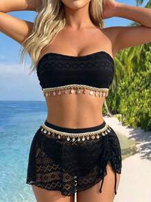 Bonvoyette Conjunto de 3 piezas de bikini para mujer para vacaciones de verano, negro, con malla jacquard, tirantes de hombro desmontables, falda bandeau, decoración de conchas, traje de baño y ropa de playa - Negro - Ver 3