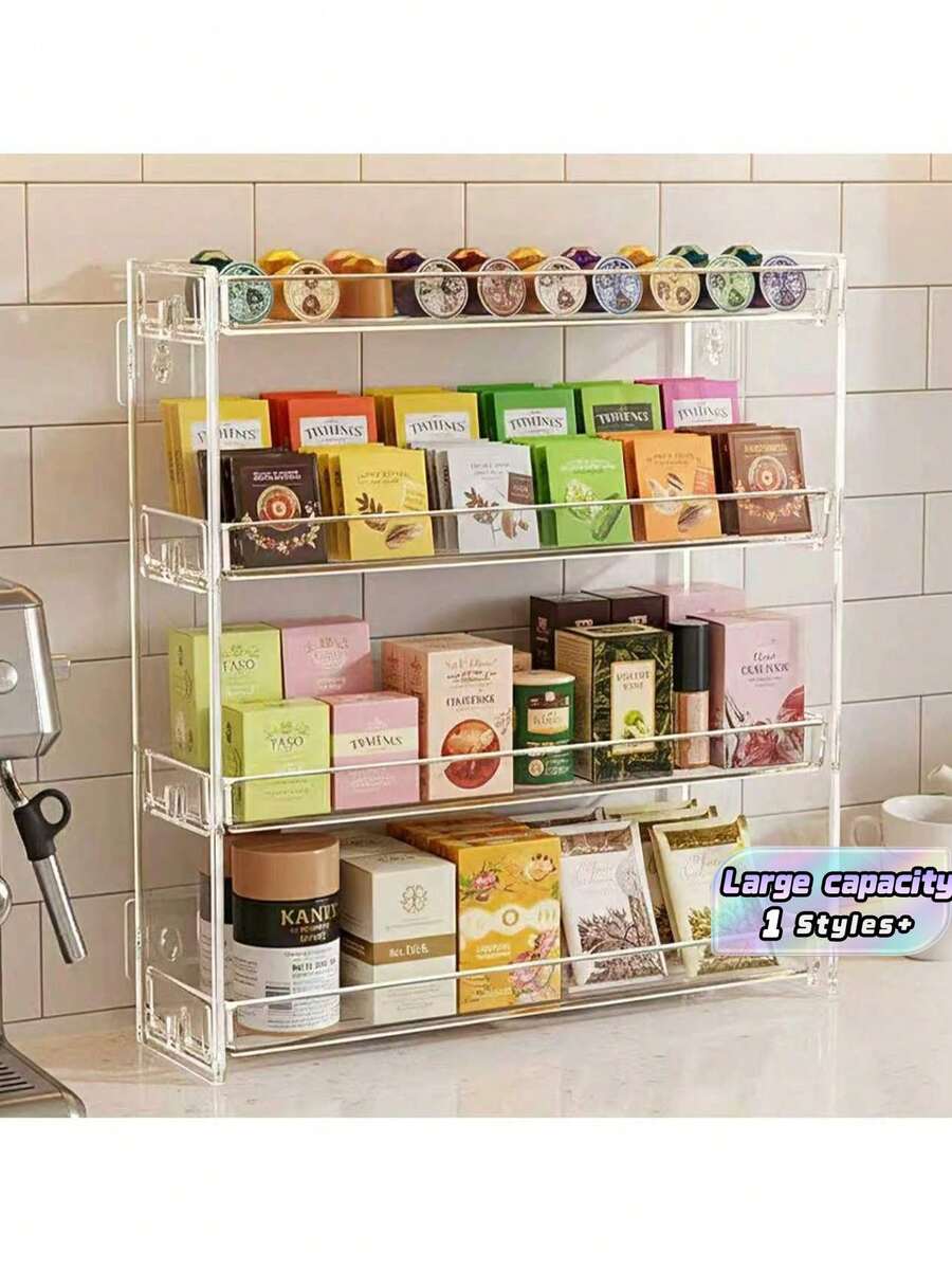 1 4-Layer Transparent Acrylic Tea Bag Storage Rack, Multifunctional Coffee Capsule Sugar Bag Storage Container, Detachable Cosmetics And Sundries Display Rack, Wall-Mounted Or Countertop Kitchen Seasonings Rack Food Storage Cabinet Storage Rack. - Transparent - View 1