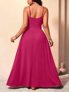 Breezaya Plus Size Women's Solid Color Button Design Pocket Casual Strap Dress For Vacation - Hot Pink - View 2