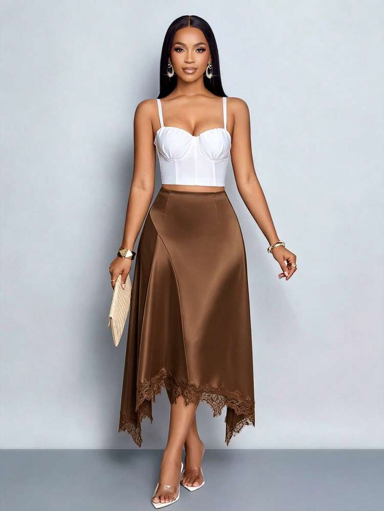 im perf Double Satin Long Skirt ブラウン36 im perf Double Satin Long Skirt ブラウン36 SHEIN Privé Plus Size