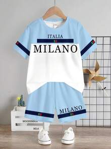 Young Boy's Casual Minimalist T-Shirt Set, Classic Cool Text & Graphic Print, Italian Milan Text Print, Striped Graphic Print, Suitable For Spring/Summer, Suitable For School - Multicolor - View 3
