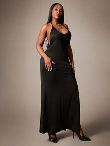 SHEIN SXY Robe sexy grande taille pour femme, couleur unie, dos nu, fente latérale à l'ourlet, col licou - Noir - Voir 4