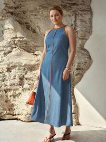 MOTF PREMIUM SPRING/SUMMER WOMEN'S HALTER NECK CONTRAST PIPING DENIM DRESS - Blue - View 6