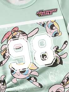THE POWERPUFF GIRLS X SHEIN GraphicGems 青少年女孩卡通印花短袖T恤與喇叭褲休閒套裝 - 綠色 - 查看 3
