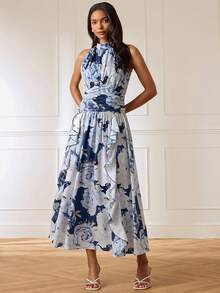 Lilora Women's Elegant Romantic Floral Halter Neck Midi Dress High-End Versatile Casual Mother Of The Bride Party Summer Wedding Navy Blue Floral - Multicolor - View 6