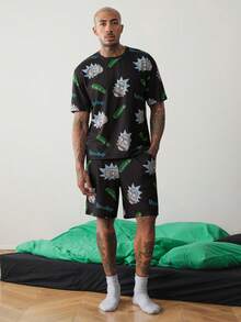 Rick and Morty X SHEIN 男士字母卡通印花短袖上衣與短褲休閒日常居家服套裝 - 黑色 - 查看 6