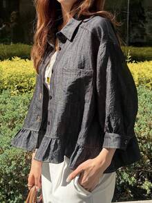 FRIFUL Women's 3/4 Sleeve Single-Breasted Ruffle Hem Pocket Shirt - Navy Blue - View 8