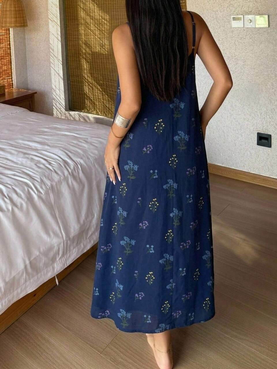 Floral Print All-Over Lace Patchwork Spaghetti Strap Dress Summer Outfit Women's Nightgown Pajamas